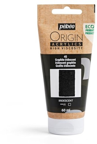 Pebeo - Origin Acrylics 60 ml - Pintura acrílica ecodiseñada - Alta viscosidad - Acabado iridiscente - Ligante 100% reciclado - Materias primas 96% europeas - Grafito Iridiscente