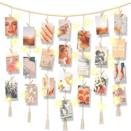 Foto-Display zum Aufhängen mit Clips, Boho-Dekor, Perlen, Girlande mit LED-Lichtern, skulpturale Bilderrahmen, Collage, 30 Wäscheklammern, 2 spurlose Haken, Foto-Clip-Lichterkette, 114,3 x 114,3 cm
