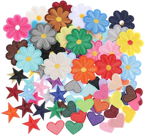 Oruola 80pcs Iron on Patches for Clothing,Mini Flower Star Heart Iron Patch,Sew On Embroidered Applique Patches for Girls,Hat,Jackets,Jeans,Backpacks,DIY Crafts,Colorful