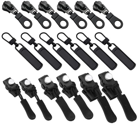 Cursore Cerniera Ricambio 18 PCS Zipper Pull Replacement Cursori per Cerniere Lampo Kit Riparazione Cerniere Lampo Tira Zip Rimovibile Adatto per Borse Vestiti Valigie 5 Taglie (nero)
