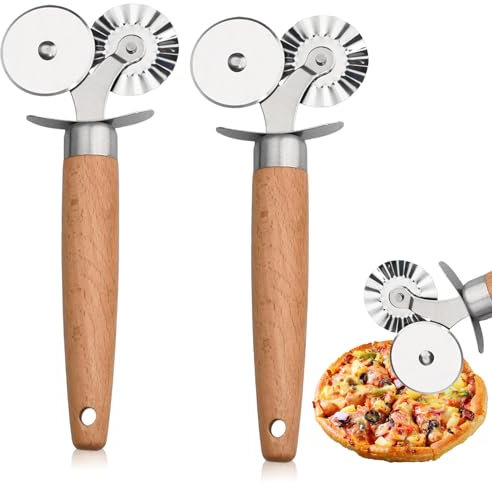 2 Stücke Teigrädchen Doppelter Ausstecher, Teigrädchen Edelstahl, Pizzaschneider Edelstahl Spülmaschinenfest für Ravioli Maultaschen oder Plätzchen, Teigrad mit Holzgriff, Pizzaroller, Pizza Cutter