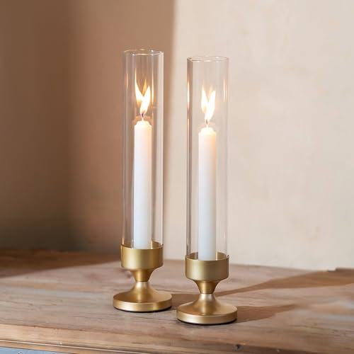 NUPTIO Kerzenständer Glaszylinder Kerzenhalter Glas: 2er Stabkerzenhalter | 31cm Gold Stabkerzen Hochzeit Tisch mit Glasaufsatz Ohne Boden Windlicht Zylinder Stabkerze Valentinstag