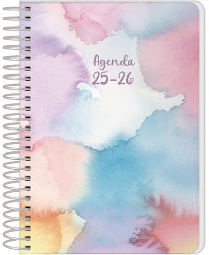 Q Kalon - Schulagenda 2025 2026 - Tagesansicht, Größe A6 (12x17 cm), Spanisch und Englisch, September bis Juni, Spiralbindung, Flexible Umschlag mit Schutzfolie - Stain