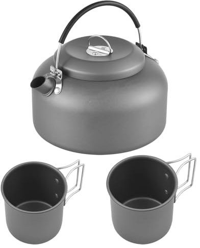 QERLONG Bollitore da campeggio set di tazze metalliche in metallo acqua bollente esterno manico in silicone in alluminio anodizzato in alluminio 1.4l (Kettle and 2 cup)