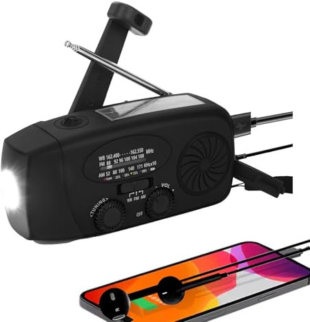Radio Solar portátil con Am/FM/NOAA meteorológica Radio, Alarma SOS y Dinamo de manivela, Cargador de móvil USB, Linterna LED, para emergencias (Negro,batería Recargable de 6000 mAh)