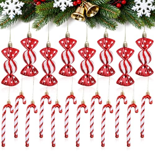 Joxessaien 20 Stück Zuckerstangen Weihnachten Deko, 8 Stück Weihnachtssüßigkeiten Dekoration und 12 Stück Christbaum Zuckerstangen, Rot & Weiß Tannenbaumschmuck Deko