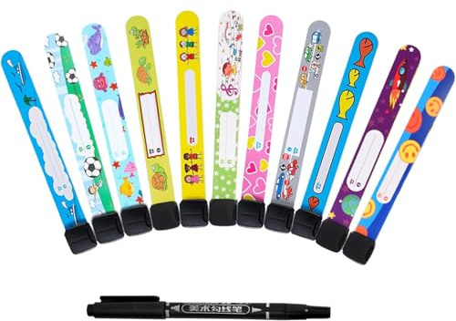 Teouuas 12 Stück Notfall-Armband für Kinder, Armband mit 1 Marker Stift, Sicherheits ID Armband SOS Anti Verloren Notfallarmband, Wasserdichtes Wiederverwendbares, für Jungen Mädchen Kleinkind Baby