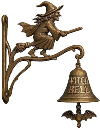 Ausi Vintage Halloween Witch Doorbell Cast Iron Decorative Bell with Witch on Broom for Porch Garden Front Door Indoor Outdoor Decoration
