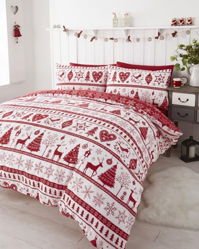 HOMEMAKER BEDDING Christmas Duvet Cover Set Reversible Snowflake Christmas Tree Design Festive Holiday Bed Set in 3 Colours (Red, King)