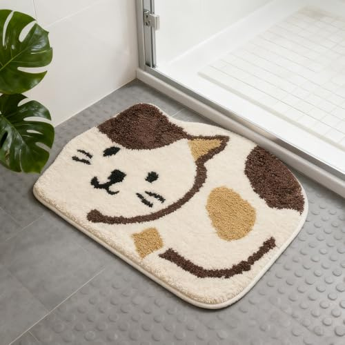 Jnidesier Cute Animal Non-Slip Bathroom Rugs, Plush Absorbent Bath Mats for Bathroom, Ideal for Shower Sink Bathtub Room Decor, 17.7x25.6, Cat