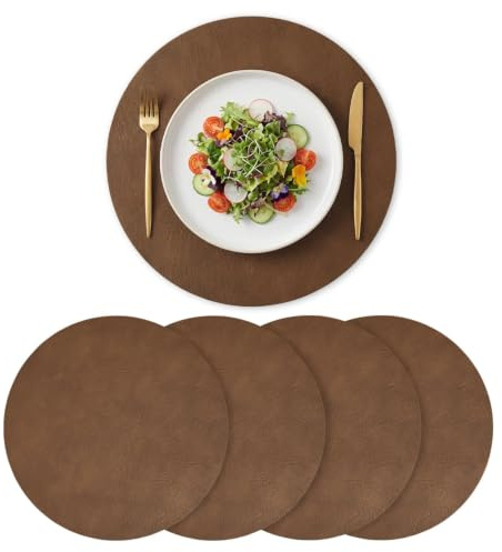 Artoid Mode Braun PU Faux Leather Round Platzsets 4er Set, 38cm Tischsets Schmutzabweisend Hitzebeständig Platzdeckchen Küche Deko