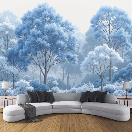 DLERFLOVR Papier Peint Panoramique Soie, 350x250cm Papier Peint Forêt D'Automne Tapisserie Panoramique Arbres Givrés Décoration Murale pour Salon Chambre Restaurant, Bleu