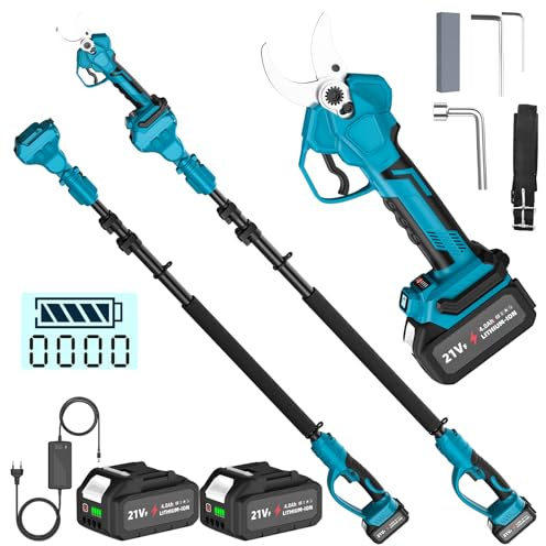 Sécateur Électrique Sans Fil avec Perche, 40MM Sécateur Électrique Télescopique avec 2 x 4,0Ah Batteries, Portée Maximale 1,6-2,8M, Moteur Brushless 1000W, Sécateur à Batterie pour Jardinage/Arbres