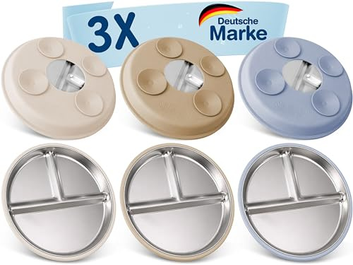 Mutkind® 3x Baby Teller mit Saugnapf - (Extra Starker Halt) Edelstahl Kinderteller - Spülmaschinengeeignet - Rutschfester Babyteller mit Saugnapf - Beikost Baby Zubehör - Hochwertiges Kindergeschirr