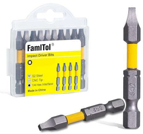 FamlTol 10 Pcs SQ2 Square Head Screwdriver Bits 50 mm Square Drill Bit 1/4 Hex Shank High-Torque Magnetic S2 Steel Impact Bits for Home Repair Electrical Work and Equipment Installation