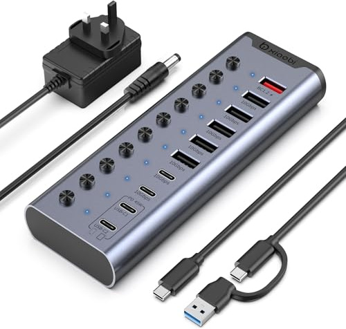 Aktiver USB-Hub mit individuellen Schaltern und 24V/3A-Netzteil(Grau) | 10‑Port‑USB‑C‑Hub, 5×USB‑A 3.2 + 2×USB‑C 3.2 + BC1.2 + 2×PD 45W, für MacBook/PC u. v. m.