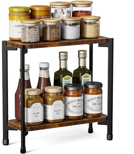 pickpiff 2 Tier Kitchen Countertop Organiser Shelf, Metal & Wood Storage Rack for Worktop, Coffee Station, Spices, Jars and Bottles