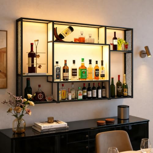 YOURLITE Weinregal Metall Wand Weiß, Bar Regal Hängend,120 * 80 * 15cm | Weinregale Display Rack Hängend, Bar Regale Wand mit LED-Licht, für Bars, Wohnzimmer, Küche, Restaurant