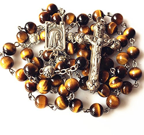 elegantmedical Boys Catholic Tiger Eye & Silver Rose Beads Rosary Cross Crucifix Necklace