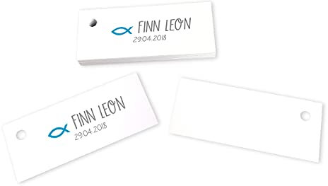 in due 28 Kärtchen Fisch personalisiert mit Vornamen & Datum 7,5 x 3 cm türkis grau - Junge Taufe Kommunion Gastgeschenke Bastelbedarf