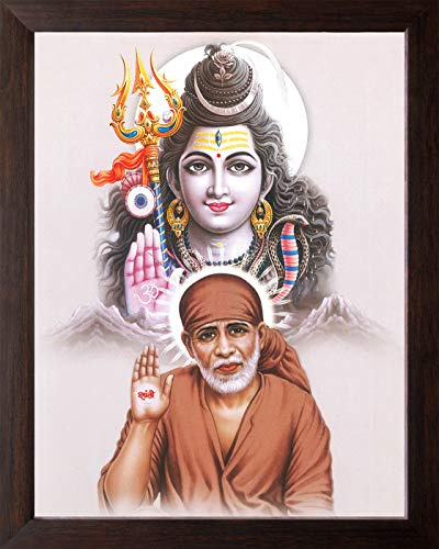 Art n Store: Shree Sai Baba mit Lord Shiva, HD-Druck, religiöses und Wanddekor-Bild, Gemälde mit braunem Rahmen (30 x 23,5 x 1,5 cm _ braunes Holz)