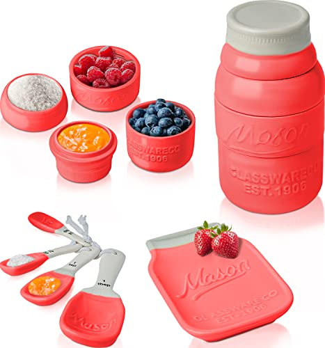 Comfify Vintage Küchenset - Mehrteiliges Küchenkeramik-Dekor-Set mit 4 Messbechern, 4 Messlöffeln und Löffelauflage - Attraktiver Vintage Koralle - geprägtes Keramik