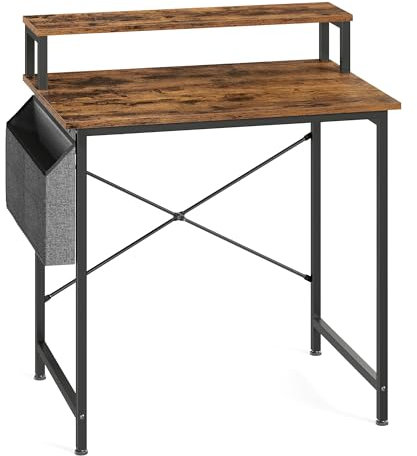 VASAGLE Computer Desk with Monitor Riser, Fabric Pouch, X-Bar Reinforcement Bars, Adjustable Legs, 55 x 80 x 90.5 cm, Industrial Style, Rustic Brown and Black LWD080B01