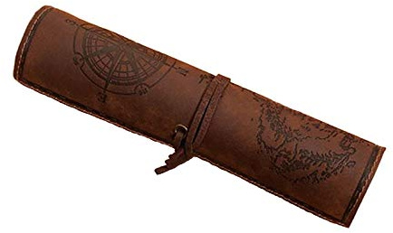 Leuchtbox Stifterolle Rollmäppchen Federmäppchen Kunstleder Vintage Künstleretui Retro Griffelmappe Schlamperrolle Piraten-Look mit aufgedruckter Schatzkarte (Dunkelbraun (Raue Oberfläche))