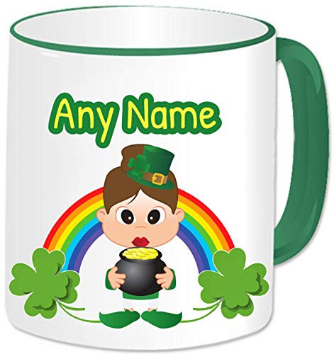 GOPERSONALISED St Patricks Day Irish Gifts - Personalised Leprechaun Mug Ceramic Cup with Name - Rainbow Lucky Shamrock Ireland Good Luck Gifts Idea for for Women Girls (Brown Hair/Green Mug)