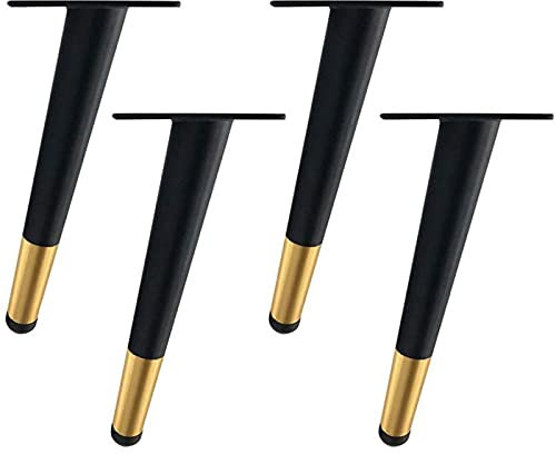 SMLJFO Lot de 4 pieds de meubles en métal de 25 cm, pieds de rechange obliques, coniques, antirouille pour canapé, bureau, table de chevet, noir et doré