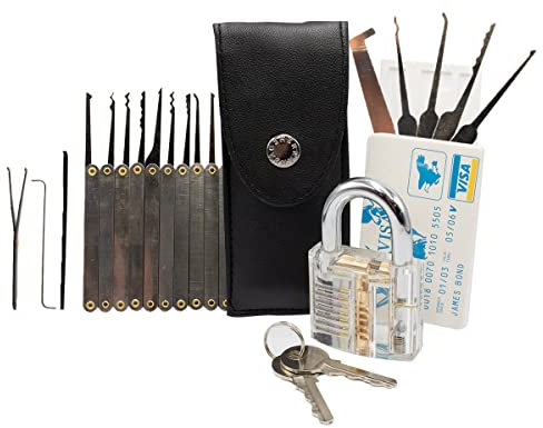 MMOBIEL 25 pezzi, kit di formazione professionale di aghi per serratura con lucchetto trasparente di formazione, strumenti per fabbro e carta di credito del fabbro