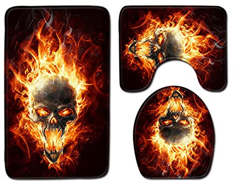 YouTownEU 3 Stück rutschfeste Badematten Set Punk Rock Totenkopf Badematte Sockelmatte Toilettendeckel Abdeckung Matte Toilettenmattenset