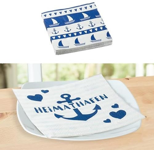 Posten Anker Servietten 4er Set Maritim, Papierservietten 3-lagig in 33 x 33 cm, Strand und Schiffe in Blau Weiß, Dekoration für Esstisch und Ferienwohnung