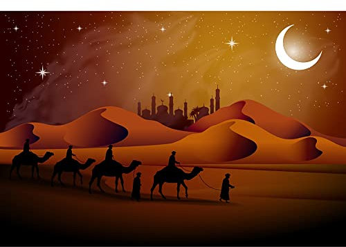 Aoihrraan 3x2m wüsten Nacht Hintergrund Cartoon Sanddünen Sternenhimmel Mond Tempel Silhouette Arabisches Kamel Team Szene Fotografie Religion Culture Party Erwachsene Porträt Fotos Requisiten