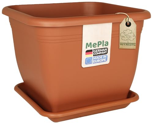 MePla Pot de fleurs carré 33 x 33 cm + soucoupe 28 x 28 cm, terre cuite, résistant aux intempéries, en plastique résistant aux UV