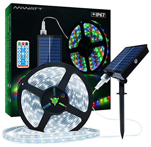MIWATT IP67 Bande LED Solaire 10M, Bande LED Blanc Froid 560 LED, Bandes LED Solaires, Lumières LED Blanc Froid pour Jardin Arbres Maison Noël Vacances Patio Fête Décoration