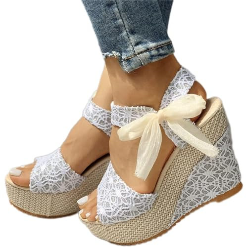 HIONRE Espadrillas Donna Zeppa Alta Ciabatte Sandali,Sandali Casual in Pizzo, Plateau e Tacchi Alti da Donna, Argento, 36,Sandali Donna con Zeppa Corda