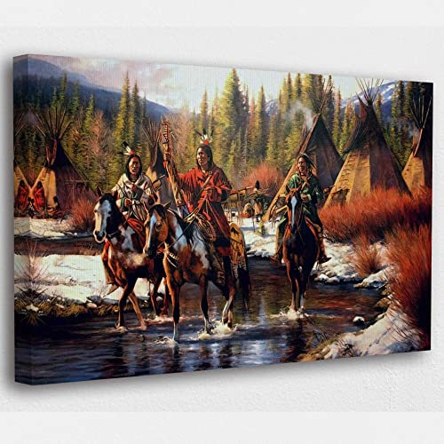 SpiritualHands Indianer-Dekor für Büro, Wandkunst, gerahmte Kunstleinwand, westliche Heimdekoration, Indianer-Kunst für südwestliche Dekoration, Druck, Wandleinwand, indische Dekorationen, Wolfs-Dekor