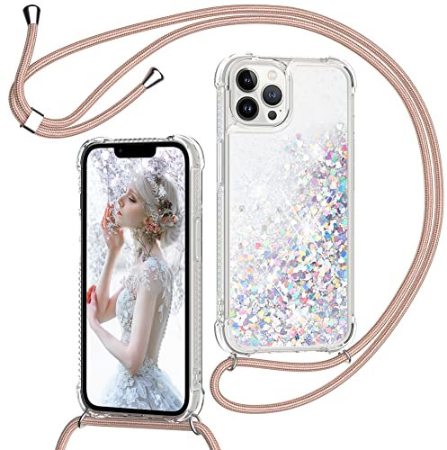 TUUTPU Handykette für iPhone 12 Pro Max Hülle mit Band, Glitzer Treibsand Handyhülle mit Kordel zum Umhängen Transparent Stoßfest Schutzhülle mit Kette Schnur, Quicksand Necklace Case in Roségold