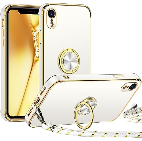 Miss Arts für iPhone XR Hülle mit Band, Ring Ständer Handykette Handyhülle Frauen Mädchen Dünn Stoßfeste Schutzhülle für iPhone XR Case Weiß