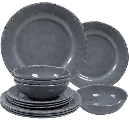 ZAROCRUS 12 Pcs Vintage Melamine Dinnerware Sets, Durable Set Of 4 Plates and Bowls Set, Lightweight Dishes Dinnerware Sets for Indoor and Outdoor Use, BPA Free,Cool Gray