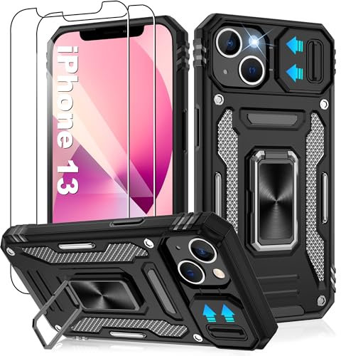 Jshru for iPhone 13 Case with Screen Protector [2 Pack] and Slide Camera Cover,Military Grade Shockproof Phone Case,Ring Kickstand Phone Cover for iPhone 13,Black