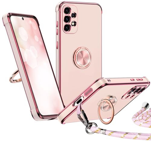 Keteen Coque avec Cordon pour Samsung Galaxy A52S 5G/A52 5G, Coque pour Samsung A52 avec 360°Anneau Support Magnétique TPU Housse Antichoc avec Cordon Collier Réglable Case Étui pour Samsung A52S-Rose