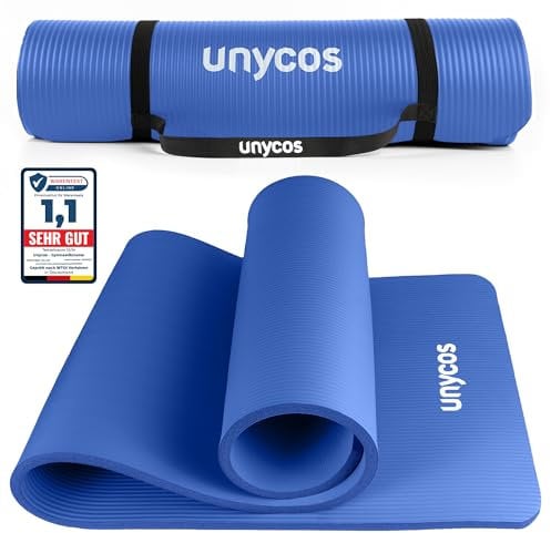 unycos - Tappetino Antiscivolo da Yoga, Pilates e Ginnastica Extra Spesso 15 mm, 183x60 cm | 72,04x23,62 Materassino Fitness, Schiuma NBR, Tracolla, Borsa, E-Book di 50 Esercizi (Blu)
