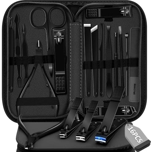Manicure Set Pedicure Kit, 16 Pcs Stainless Steel Nail Clippers Set, Professional Nail Care Tools Grooming Kit with Portable Travel Leather Case for Men Women Black