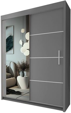 INTERIOR EMPORIUM's ONYX Mirror Sliding Door Wardrobe 120cm/150cm/180cm/203cm/250cm, You Can Get This to Create a Chic Retreat in Your Bedroom. (GREY, 150CM)
