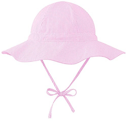 Durio Sonnenhut Baby Hut Kinder Verstellbarer Faltbare UV-Schutz mit Verstellbarem Bindebändern und Breite Krempe Rosa Streifen 0-6 Monate (Tag Size XS)