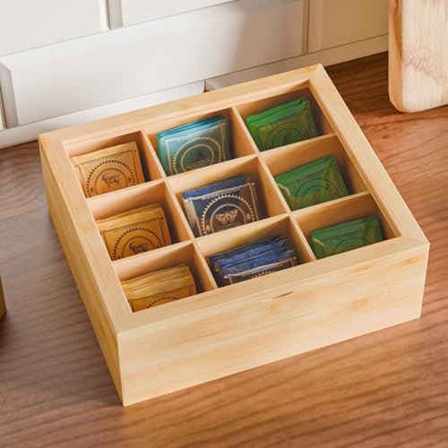 Exabang Teebox mit 9 Fächer, Bambus Teekiste, Teekasten für Teebeutel mit Sichtfenster, Tee Aufbewahrung Organizer Behälter Sortierbox (9 x 24,5 x 21,5 cm, Natur)