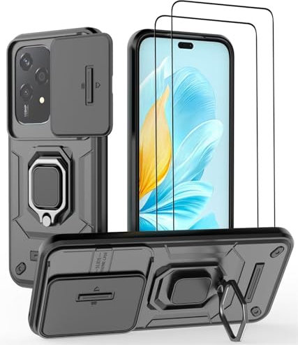 DERHAN Cover per Honor 200 Lite con Vetro Temperato [2 Pezzi], Custodia Antiurto con Protezione Fotocamera e Supporto - Nero