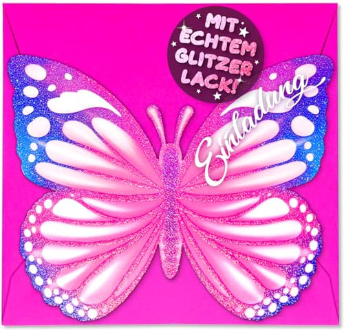 12x GLITZER Schmetterling EINLADUNGSKARTEN KINDERGEBURTSTAG Mädchen Junge + 12x Umschläge - die Butterfly PARTY Karten sind die Schmetterling EINLADUNG Kinder GEBURTSTAG Jungen Geburtstagsparty